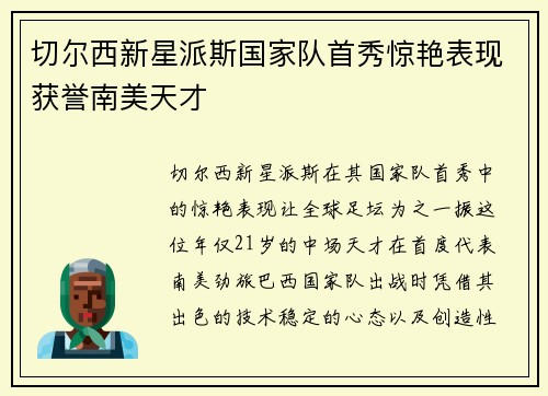 切尔西新星派斯国家队首秀惊艳表现获誉南美天才